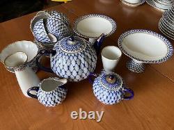 Unique Iconique Russe Impériale Lomonosov Porcelaine Cobalt Net Tea Set 22gold
