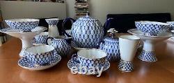 Unique Iconique Russe Impériale Lomonosov Porcelaine Cobalt Net Tea Set 22gold