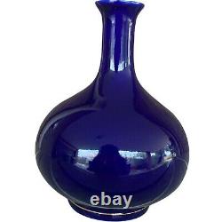 Vase De Porcelaine Bleu Cobalt Vintage Or Doré Floral Oriental Marqué Japon 15cm