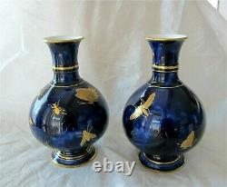 Vase En Porcelaine De Sèvres X 2 Insectes D'or Bleu De Cobalt Bleu Royal Antique Superbe 1848