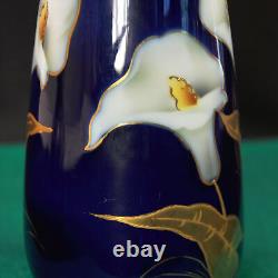 Vase RS Prussia Suhl 7 Calla Lily Blanc Jaune avec Doré sur Bleu Cobalt 1910-1917