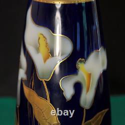 Vase RS Prussia Suhl 7 Calla Lily Blanc Jaune avec Doré sur Bleu Cobalt 1910-1917