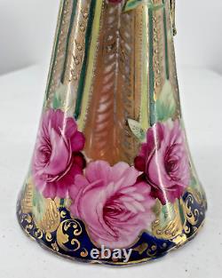 Vase de verseur Moriage à la main, en porcelaine orientale antique, bleu cobalt avec dorure et peinture de roses