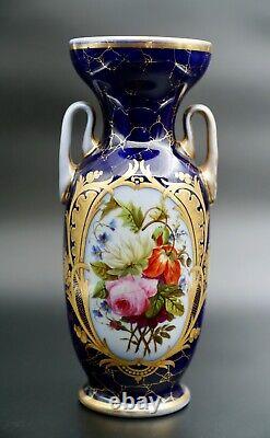 Vase en porcelaine victorienne bleu cobalt et doré vintage de 10 3/4 pouces de hauteur