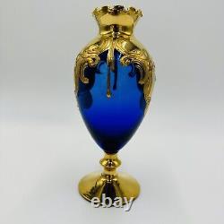 Vénitien Italien Cobalt Bleu Or Verre Ruffle À Pied Vase Floral Applique