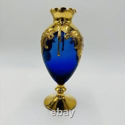 Vénitien Italien Cobalt Bleu Or Verre Ruffle À Pied Vase Floral Applique