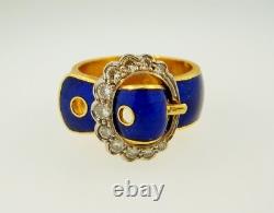 Vintage 18k Yellow Gold Cobalt Blue Enamel Diamond Belt Buckle Ring Taille 5