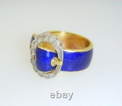 Vintage 18k Yellow Gold Cobalt Blue Enamel Diamond Belt Buckle Ring Taille 5