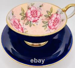 Vintage Aynsley Cobalt Blue Cup & Saucer 4 Grandes Roses De Cabage Roses Teacup
