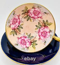Vintage Aynsley Cobalt Blue Cup & Saucer 4 Grandes Roses De Cabage Roses Teacup