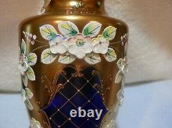Vintage Bohème Tchèque Or Cobalt Vase En Verre Floral Émail 24k Or -menthe