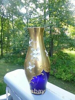 Vintage Bohemia Czech Gold Enamel Fleurs Cobalt Vase En Cristal Bleu Avec Étiquette