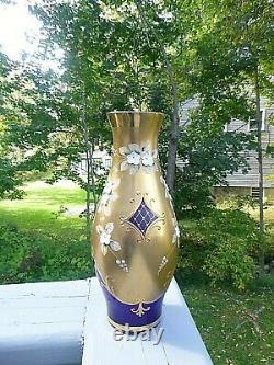 Vintage Bohemia Czech Gold Enamel Fleurs Cobalt Vase En Cristal Bleu Avec Étiquette