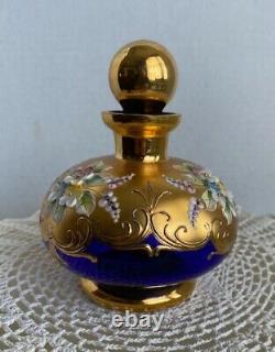 Vintage Bouteille De Parfum Bohème Tchèque Cobalt Verre Bleu Émaillé Et Plaqué Or