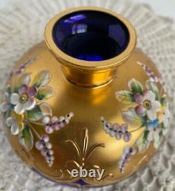 Vintage Bouteille De Parfum Bohème Tchèque Cobalt Verre Bleu Émaillé Et Plaqué Or