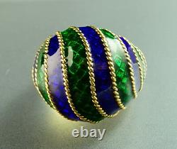 Vintage Cobalt Blue Green Émail 18k Yellow Gold Domed 1960 Vintage Retro Ring 6