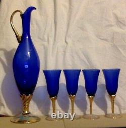 Vintage Cobolt Blue Glass & Gold. Prêt. Grand Pitcher & 4 Gobelets. Alrose. Italie