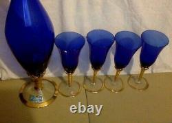 Vintage Cobolt Blue Glass & Gold. Prêt. Grand Pitcher & 4 Gobelets. Alrose. Italie