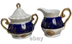 Vintage Design Italien Tea Pot Creamer & Sugar Set Cobalt Bleu Blanc Or Rare