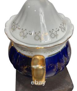Vintage Design Italien Tea Pot Creamer & Sugar Set Cobalt Bleu Blanc Or Rare