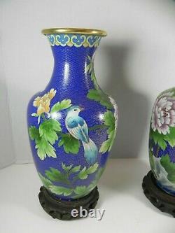 Vtg 1950 Cobalt Blue Gold Accented Floral Bird Cloisonne Enamel Ensemble De Vases