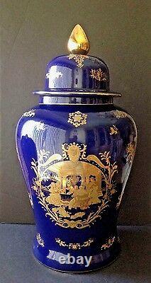 Vtg Fine Porcelaine 25 Tall Lidded Urn Vase Victorian Couple Cobalt Blue & Gold