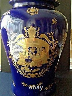 Vtg Fine Porcelaine 25 Tall Lidded Urn Vase Victorian Couple Cobalt Blue & Gold