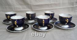 Vtg Porcelain Cobalt Blue & Gold Tea Set 6 Tasses & Saucers, Creamer & Sugar Bowl